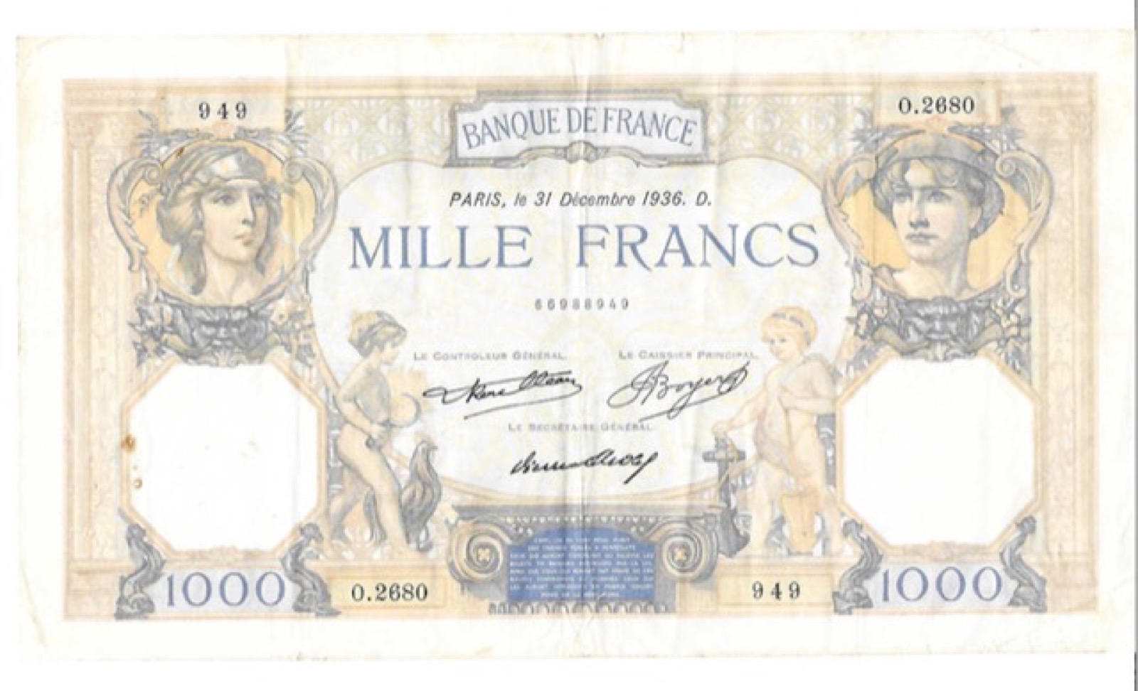 Billet 1000 Francs Ceres et Mercure 1936 D B