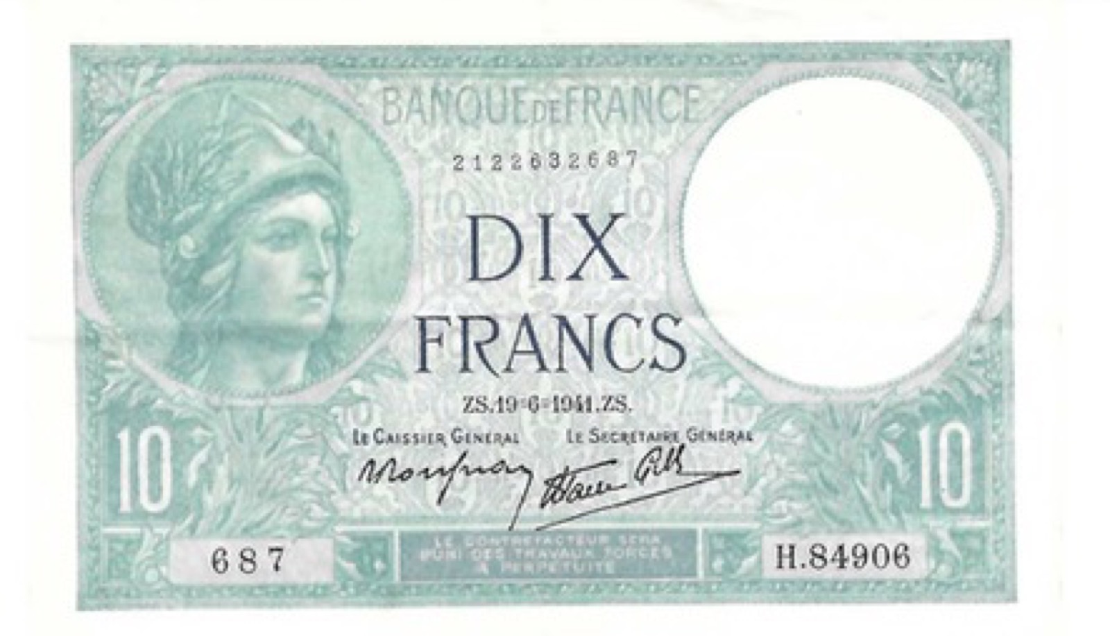 Billet 10 Francs Minerve 1941 TTB