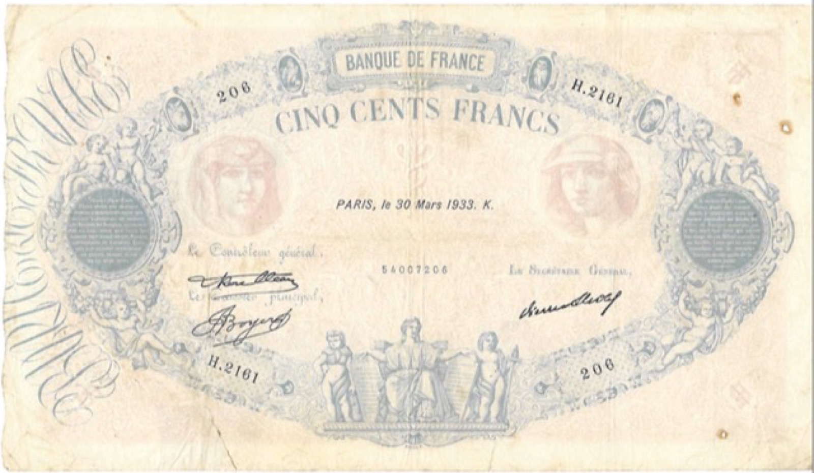 Billet 500 Francs Bleu et Rose 1933 K B