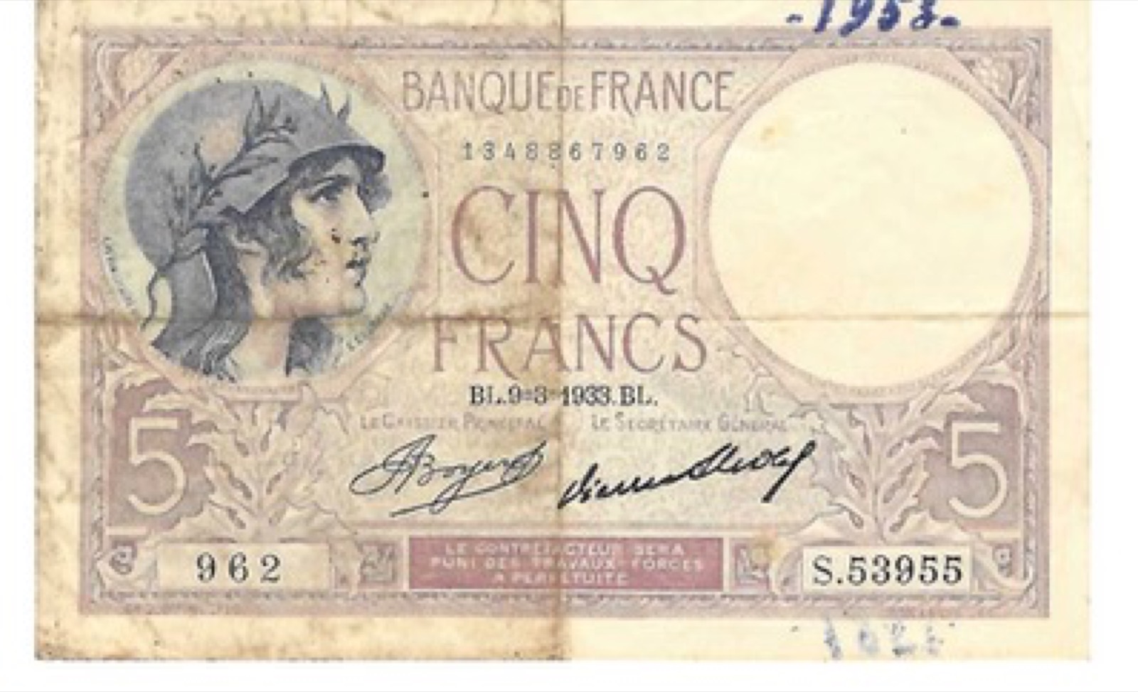 Billet 5 Francs Violet 1933 B